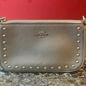 Coach Gray Wristlet/Clutch with silver rivets and chain strap